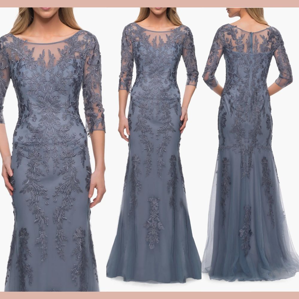 NEW $458 La Femme [ 4 ] Illusion Top‎ Tulle Gown with Lace Applique Slate
